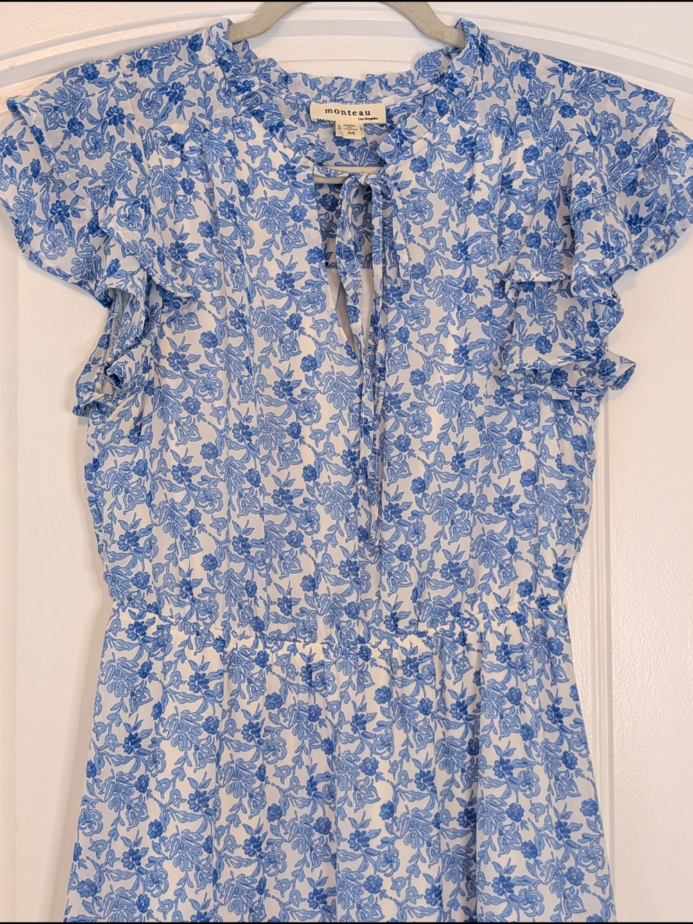 Monteau Blue and White Floral Patterned Ruffle Sleeve Dress - Picture 3 of 12